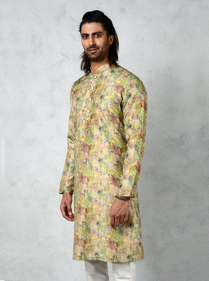 Unique lime green kurta pajama for men, crafted from tussar silk for USA events.