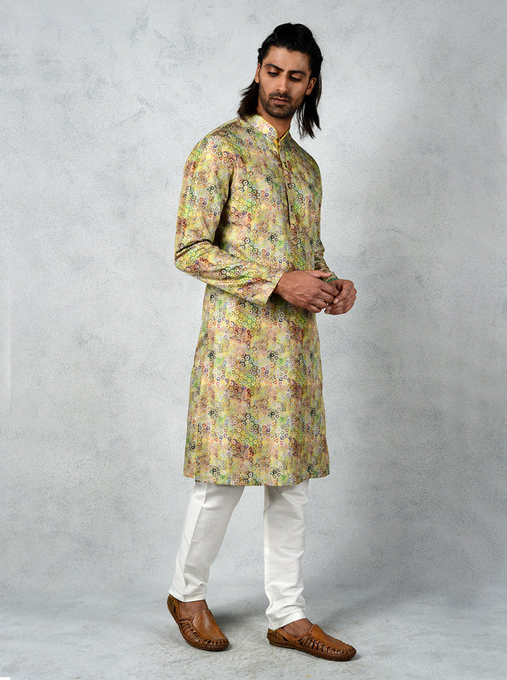 Stylish lime green kurta set for men in USA, crafted with tussar silk and mandarin collar.