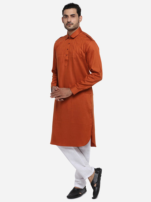 Self-stitched rust Pathani for men, featuring basic comfort and elegant design for all-day wear.