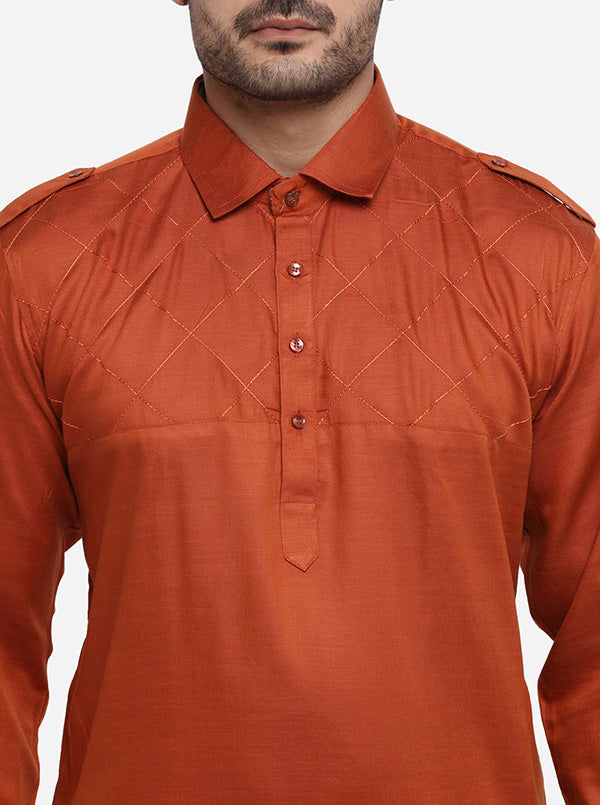 Chic self-stitched rust Pathani for men, designed for fashionable outings in the USA.