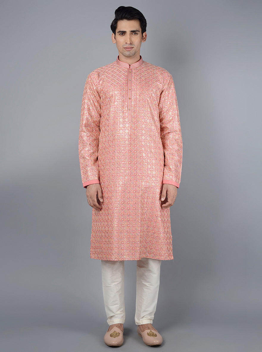 Celebrate in style with this stylish pink silk kurta set for cultural events in the USA.