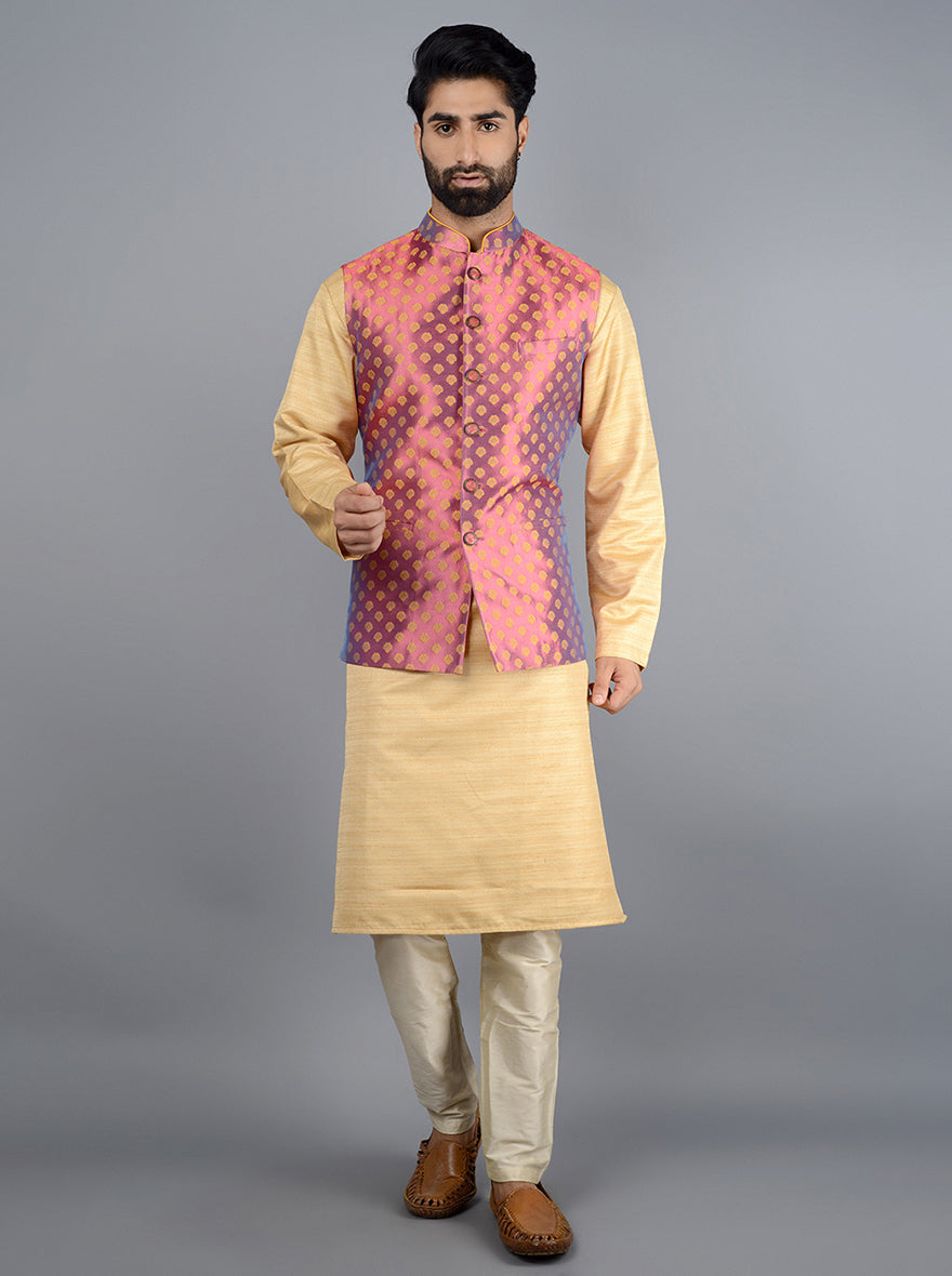 Stunning pink-yellow Bandhgala jacket crafted from luxurious silk jacquard, featuring self-design work and pockets for festive elegance.