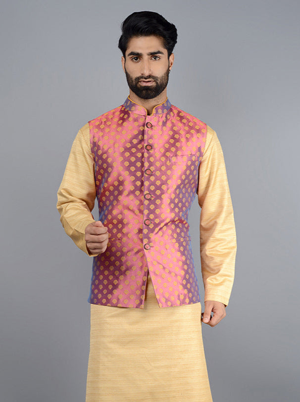 Pink-yellow Bandhgala jacket in silk jacquard with self-design, pockets, and a royal look, perfect for festive occasions.