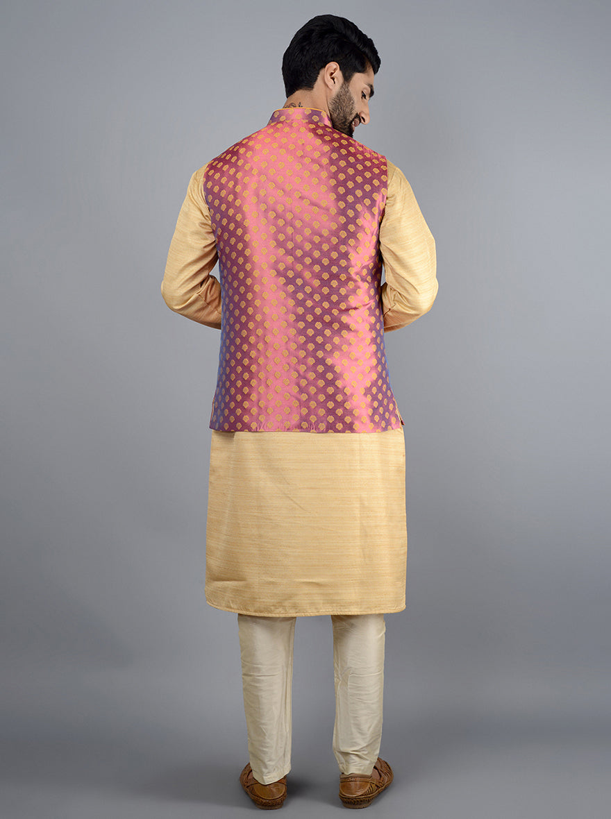 Stylish Pink-Yellow Bandhgala in premium silk jacquard, featuring a royal design, pockets, and perfect for celebrations.