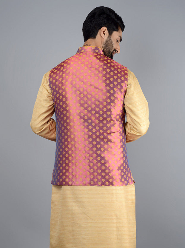 Pink-Yellow Bandhgala | Premium Silk Jacquard for Festive Occasions