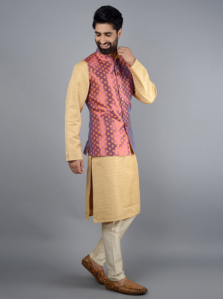 Premium silk jacquard Bandhgala in pink and yellow with self-design and pockets, ideal for festive occasions.