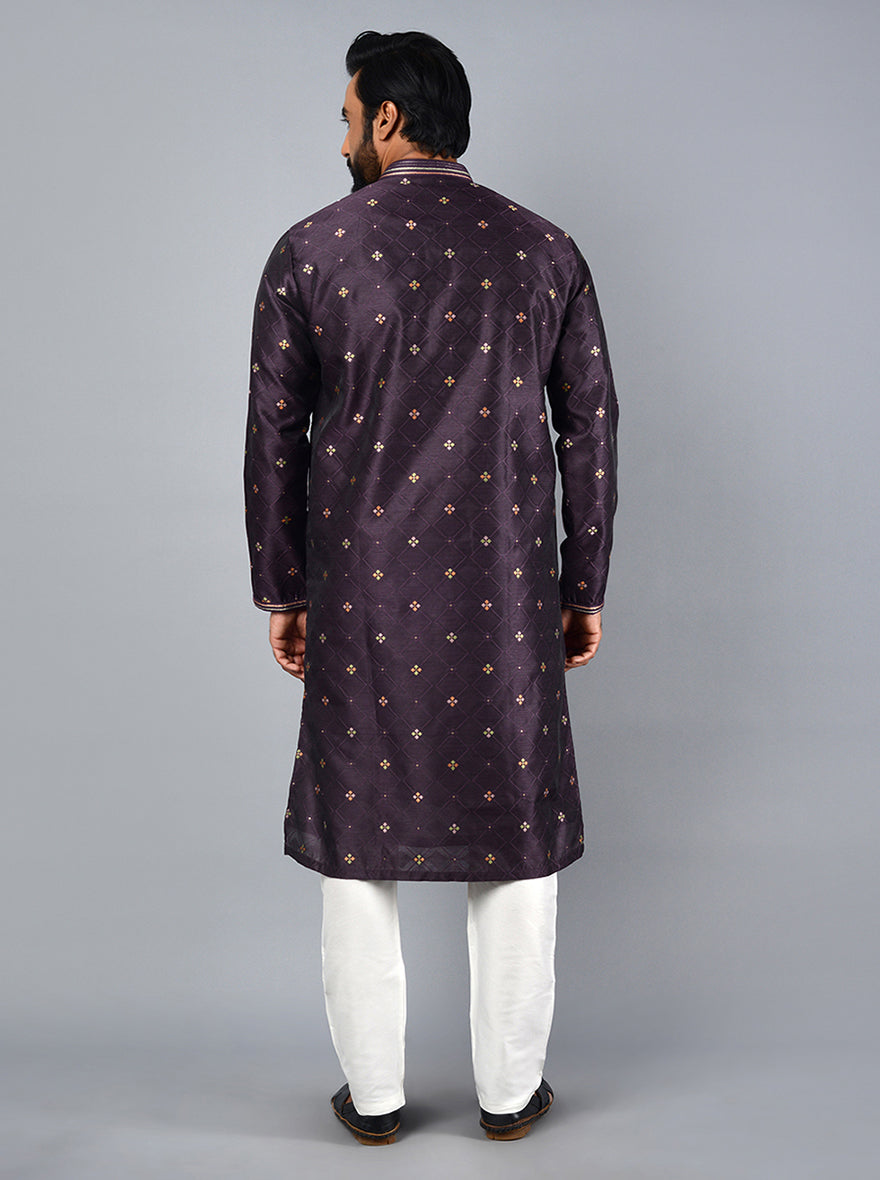 Unique purple kurta set with beautiful thread work, ideal for enhancing your festive wardrobe for weddings in the USA.