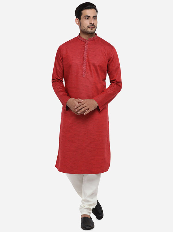 Trendy self-design dark red kurta set, offering elegance and comfort for various occasions.