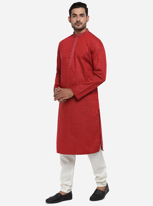 Chic self-design dark red kurta set for men, designed for fashionable outings in the USA.