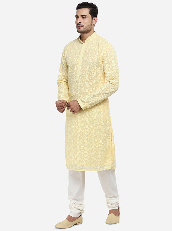 Lemon yellow kurta set, designed for long wear with tag-less men's bottom wear.