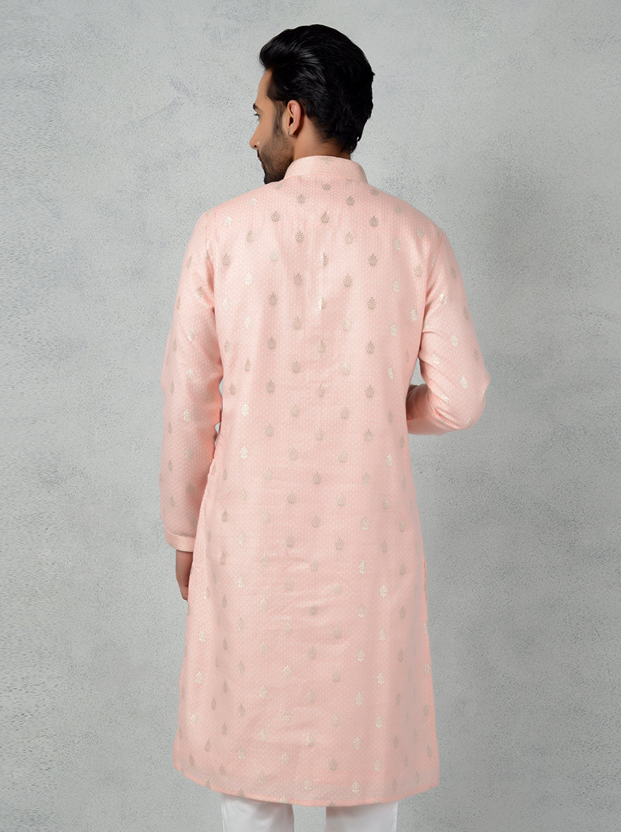 Celebrate in elegance with this pink silk kurta set, featuring trendy potli buttons for modern men in the USA.