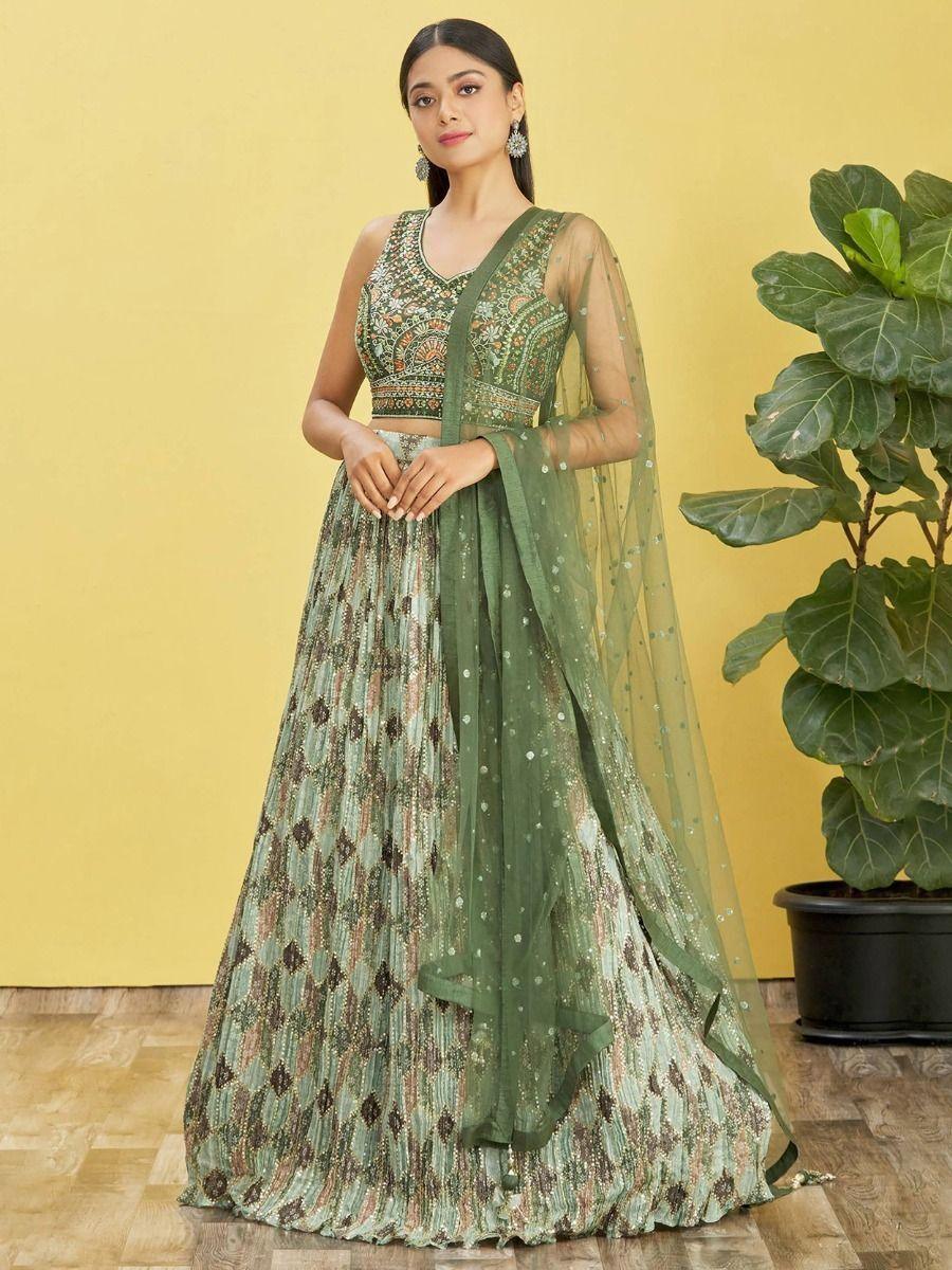 Attractive Green Chinon Lehenga | Mirror Work & Zari Detailing