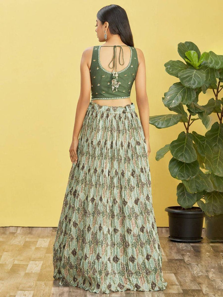 Attractive Green Chinon Lehenga | Mirror Work & Zari Detailing