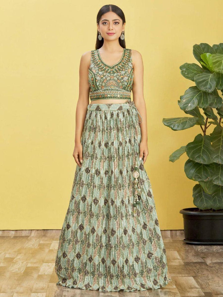 Attractive Green Chinon Lehenga | Mirror Work & Zari Detailing