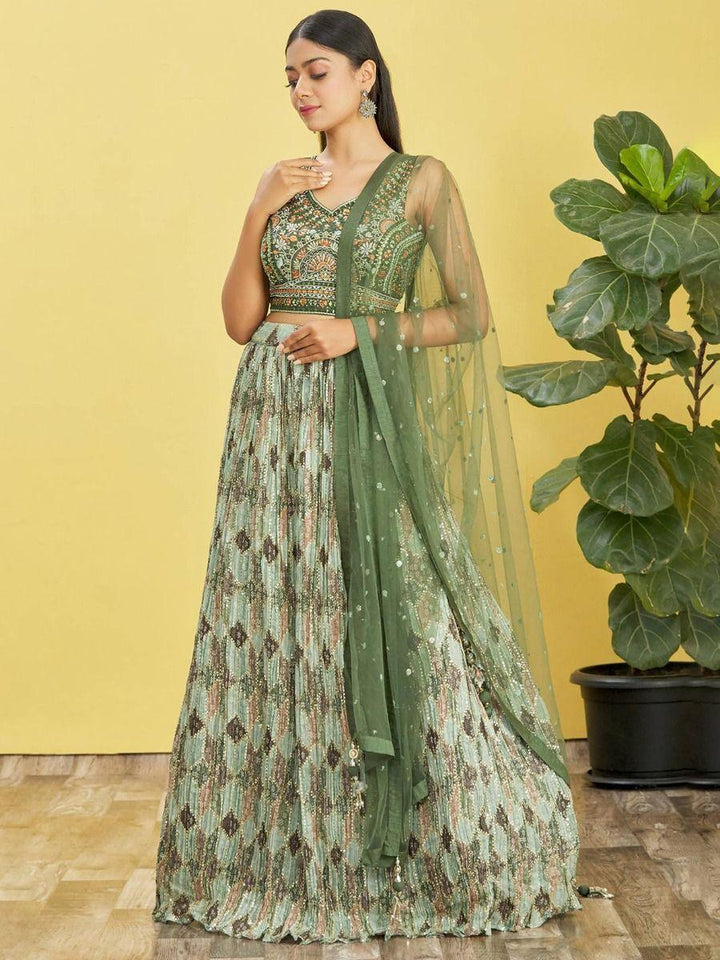 Attractive Green Chinon Lehenga | Mirror Work & Zari Detailing