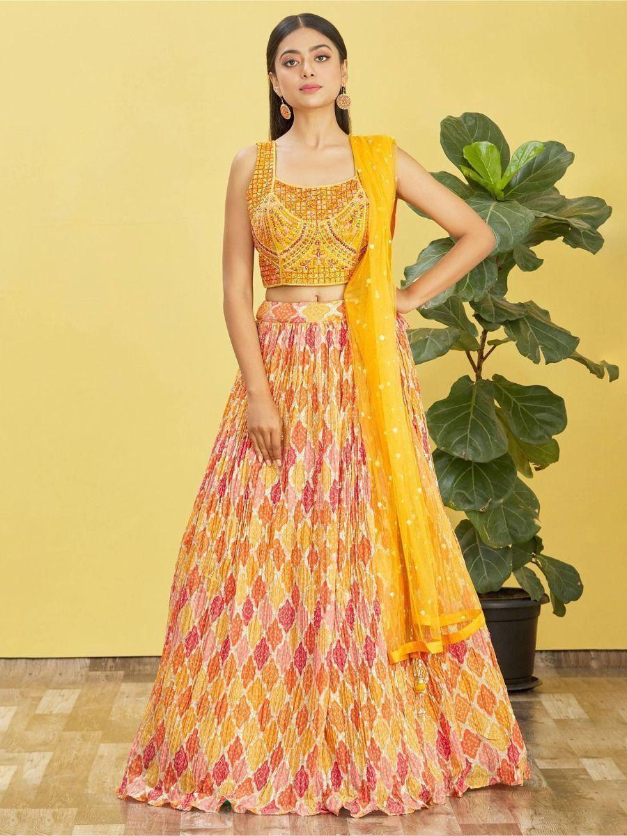 Adorable Yellow Chinon Lehenga Choli | Mirror Work & Zari Embroidery