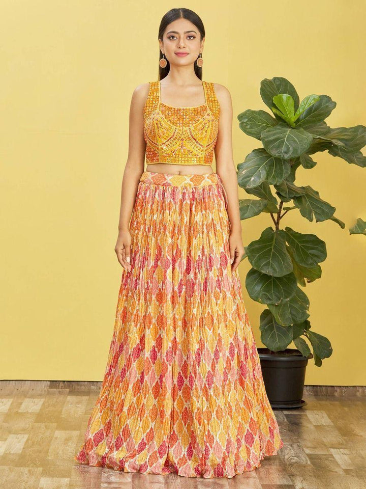 Adorable Yellow Chinon Lehenga Choli | Mirror Work & Zari Embroidery