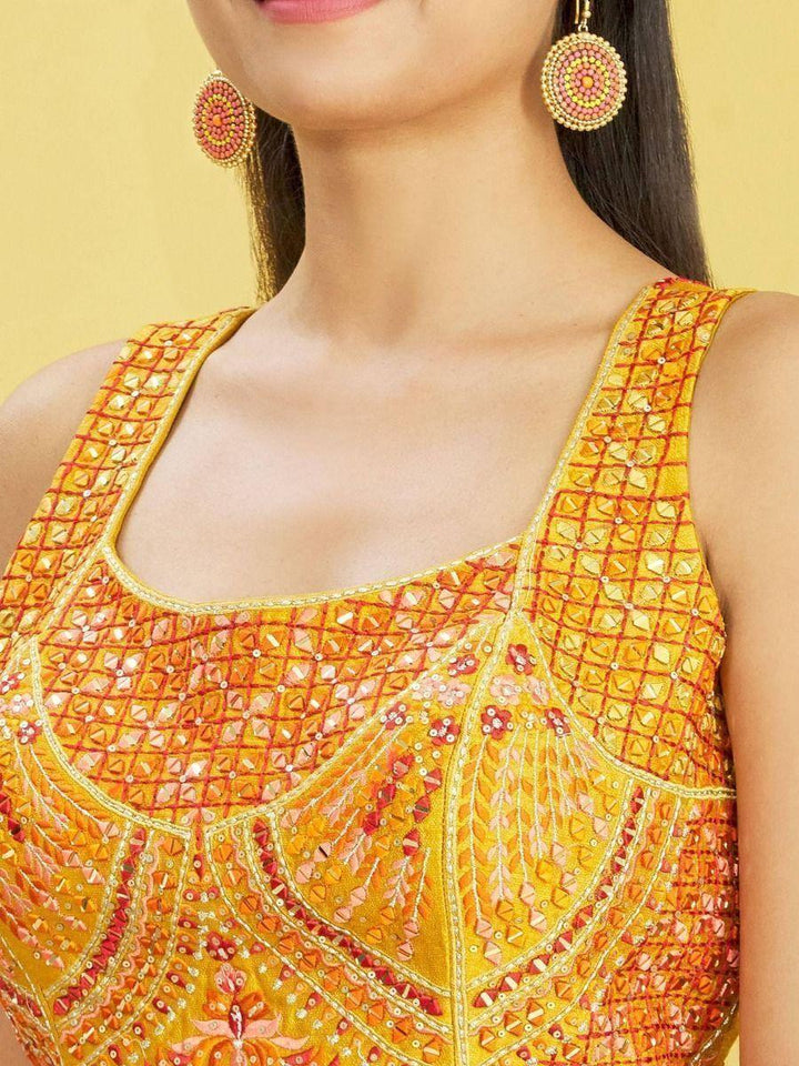 Adorable Yellow Chinon Lehenga Choli | Mirror Work & Zari Embroidery