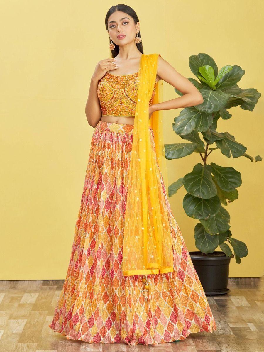 Adorable Yellow Chinon Lehenga Choli | Mirror Work & Zari Embroidery