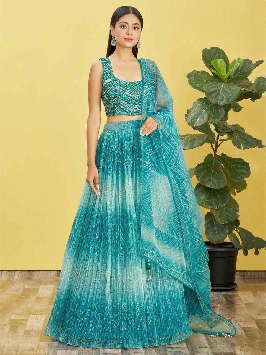 Exquisite Blue Organza Reception Lehenga Choli | Mirror & Thread Work