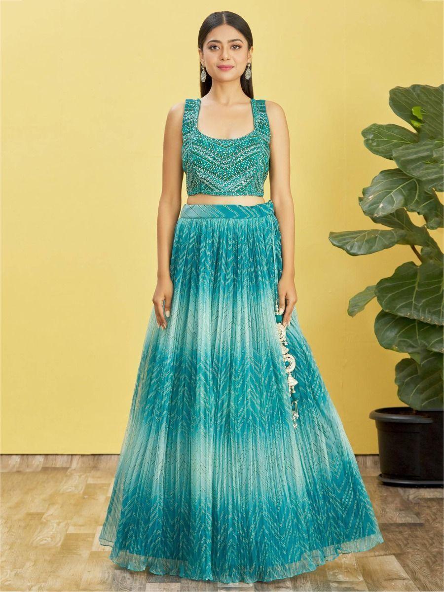 Exquisite Blue Organza Reception Lehenga Choli | Mirror & Thread Work