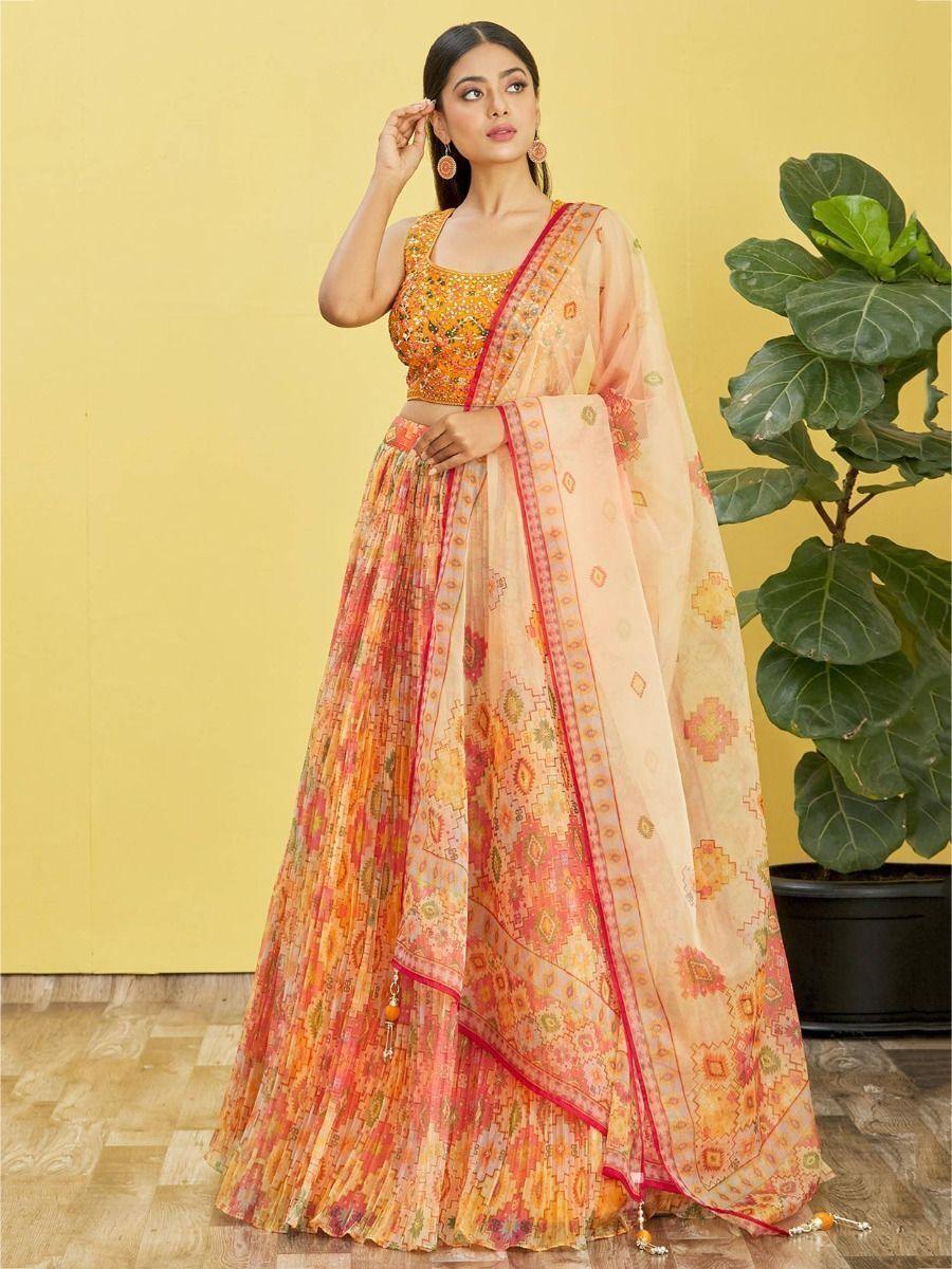 Yellow Organza Lehenga Choli with Mirror Work | Perfect for Haldi & Engagements