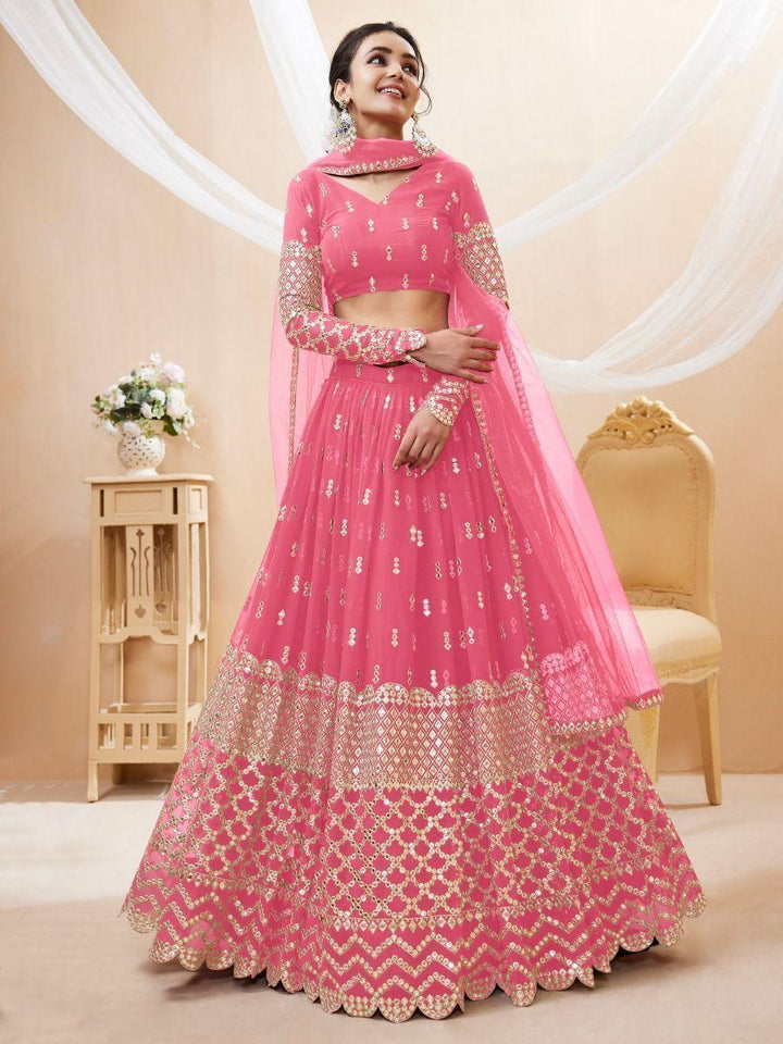 Chic Pink Bridesmaid Lehenga | Georgette with Sequins & Zari Work for Special Occasions