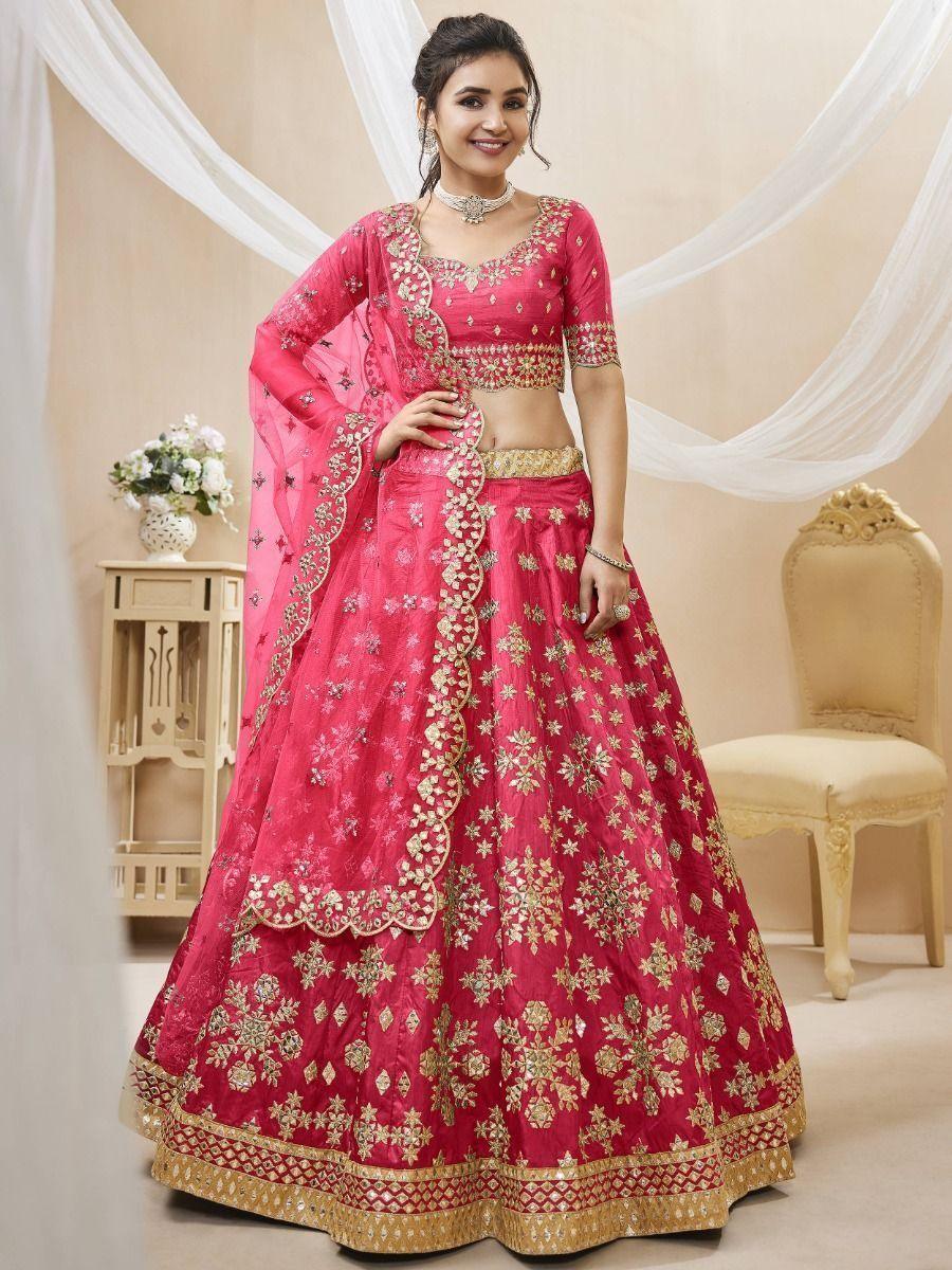 Designer Pink Lehenga for Wedding | Art Silk with Zari & Mirror Work