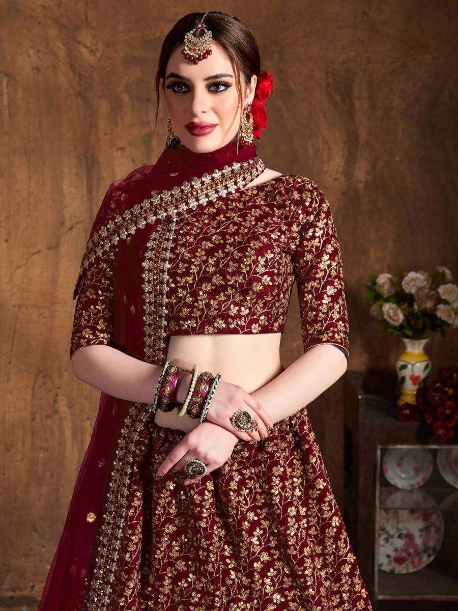 Exquisite Maroon Sequin Lehenga | Raw Silk Choli Set for Weddings & Receptions