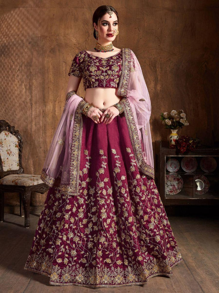 Luxury Maroon Raw Silk Lehenga | Sequin & Zari Embroidery for Weddings