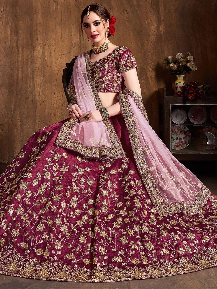 Luxury Maroon Raw Silk Lehenga | Sequin & Zari Embroidery for Weddings