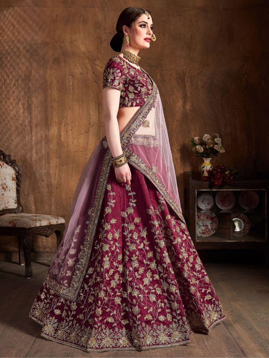 Luxury Maroon Raw Silk Lehenga | Sequin & Zari Embroidery for Weddings