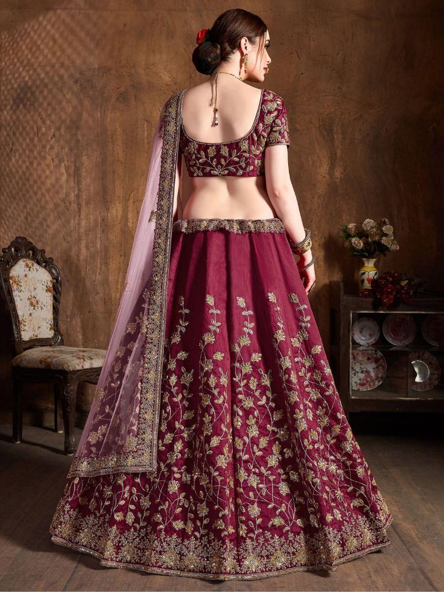 Luxury Maroon Raw Silk Lehenga | Sequin & Zari Embroidery for Weddings