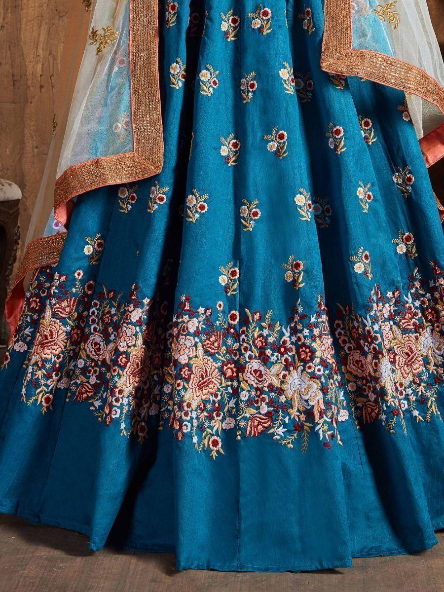 Teal Blue Thread Work Raw Silk Lehenga Choli | Bridal Wedding Outfit