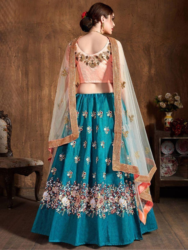 Teal Blue Thread Work Raw Silk Lehenga Choli | Bridal Wedding Outfit