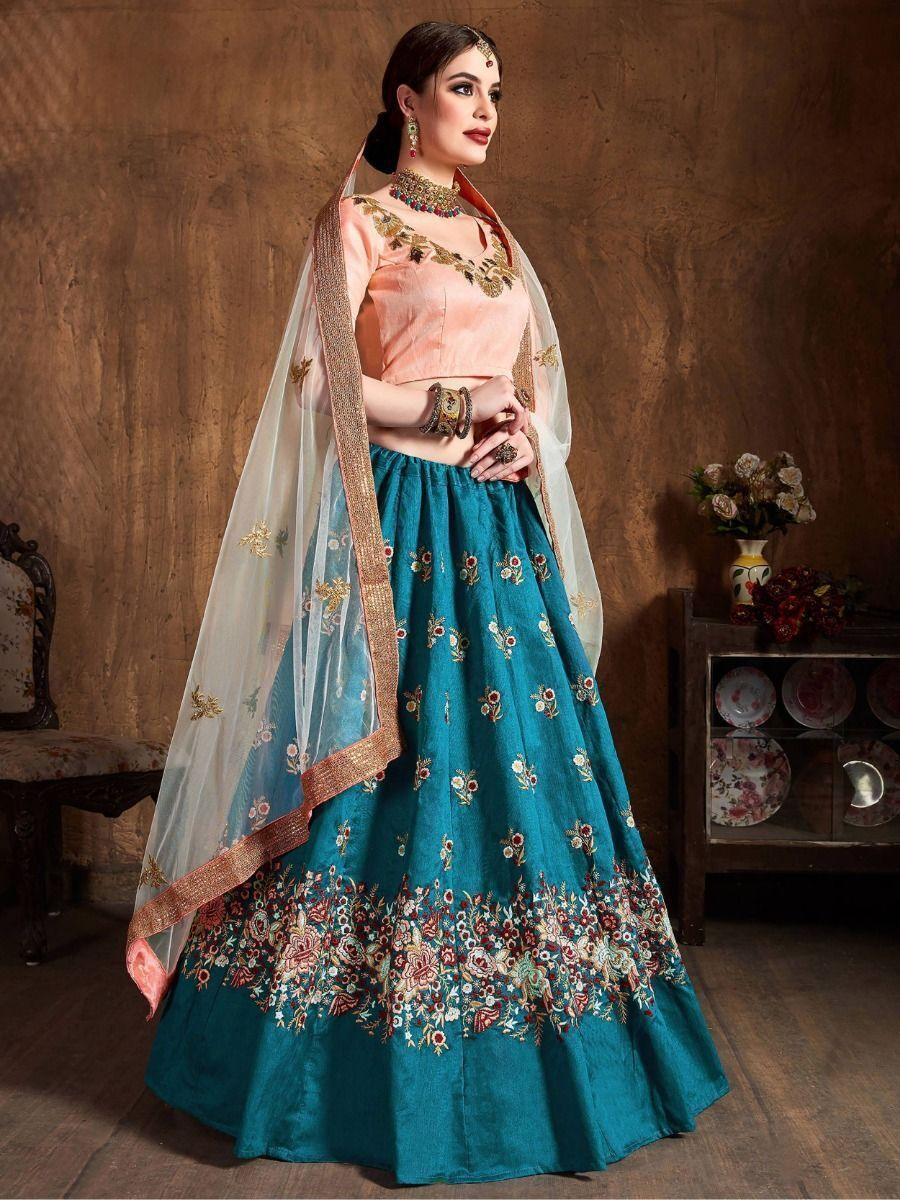 Teal Blue Thread Work Raw Silk Lehenga Choli | Bridal Wedding Outfit