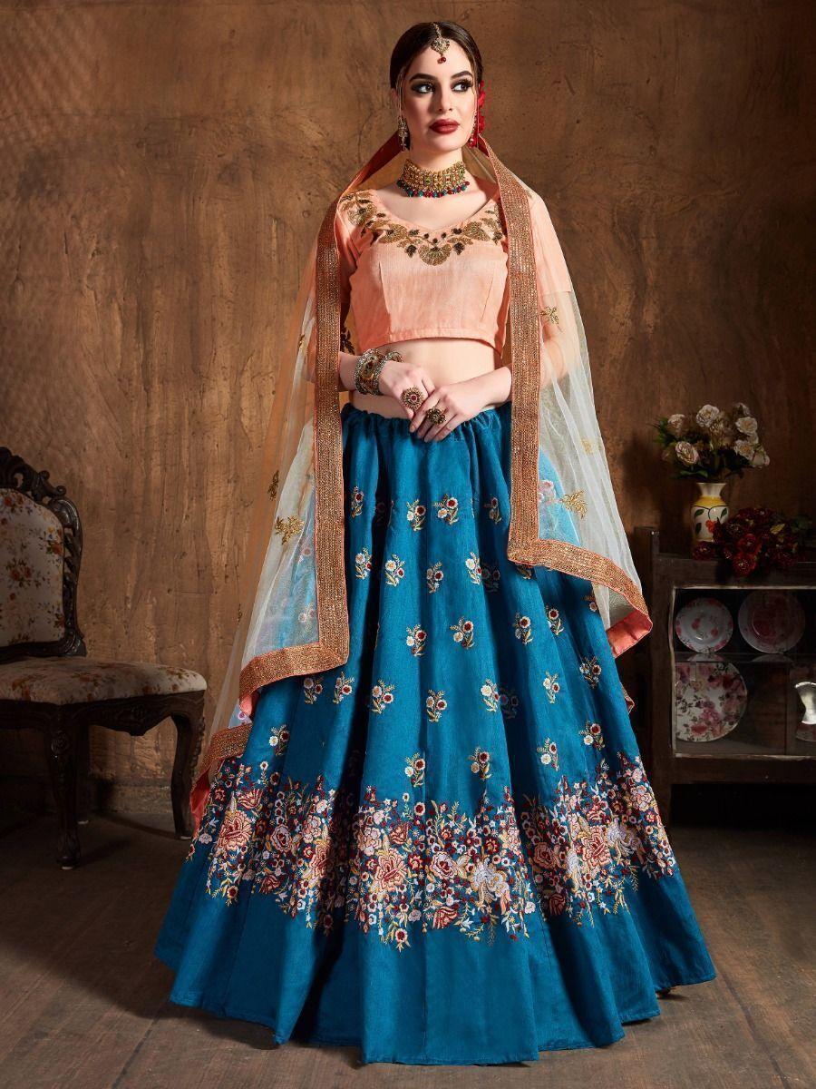 Teal Blue Thread Work Raw Silk Lehenga Choli | Bridal Wedding Outfit