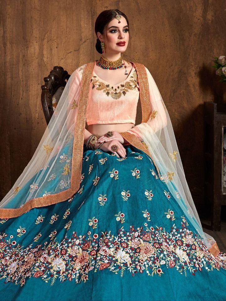 Teal Blue Thread Work Raw Silk Lehenga Choli | Bridal Wedding Outfit