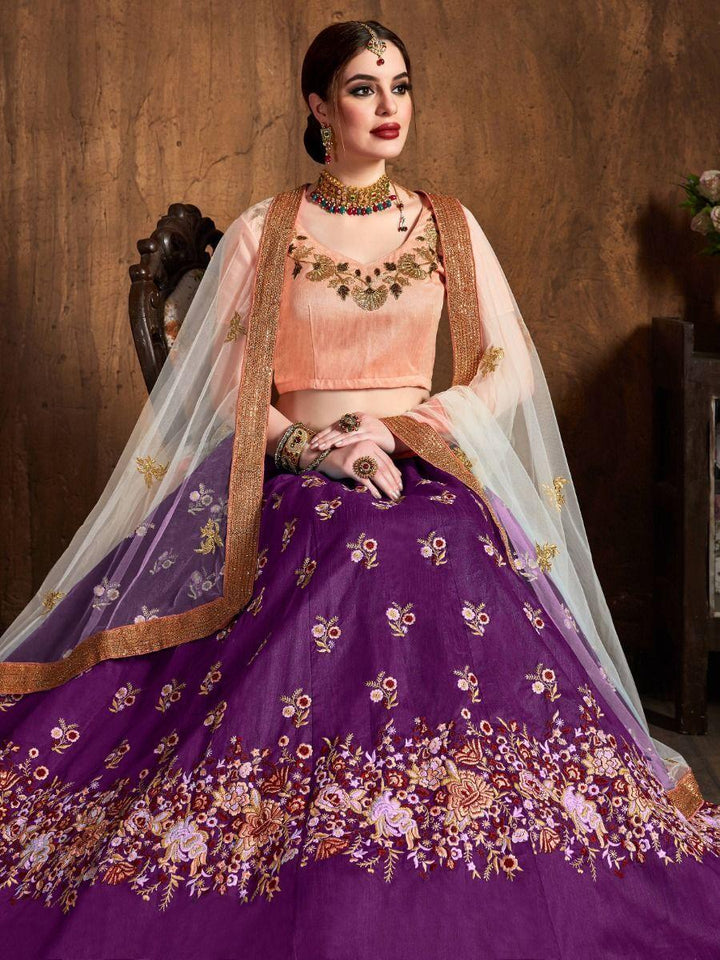 Gorgeous Purple Raw Silk Lehenga | Peach Choli & Dupatta Set for Weddings