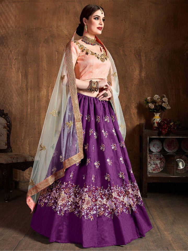 Gorgeous Purple Raw Silk Lehenga | Peach Choli & Dupatta Set for Weddings