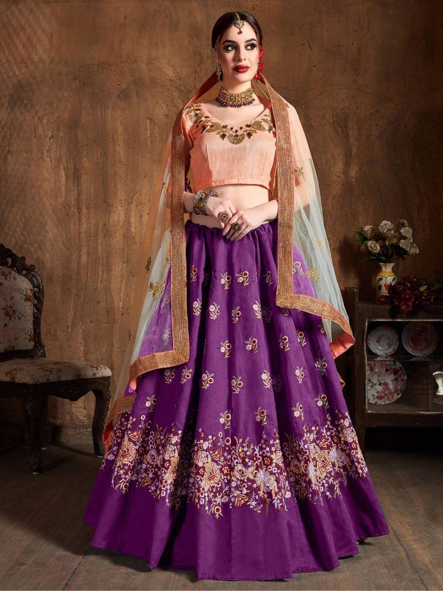 Gorgeous Purple Raw Silk Lehenga | Peach Choli & Dupatta Set for Weddings