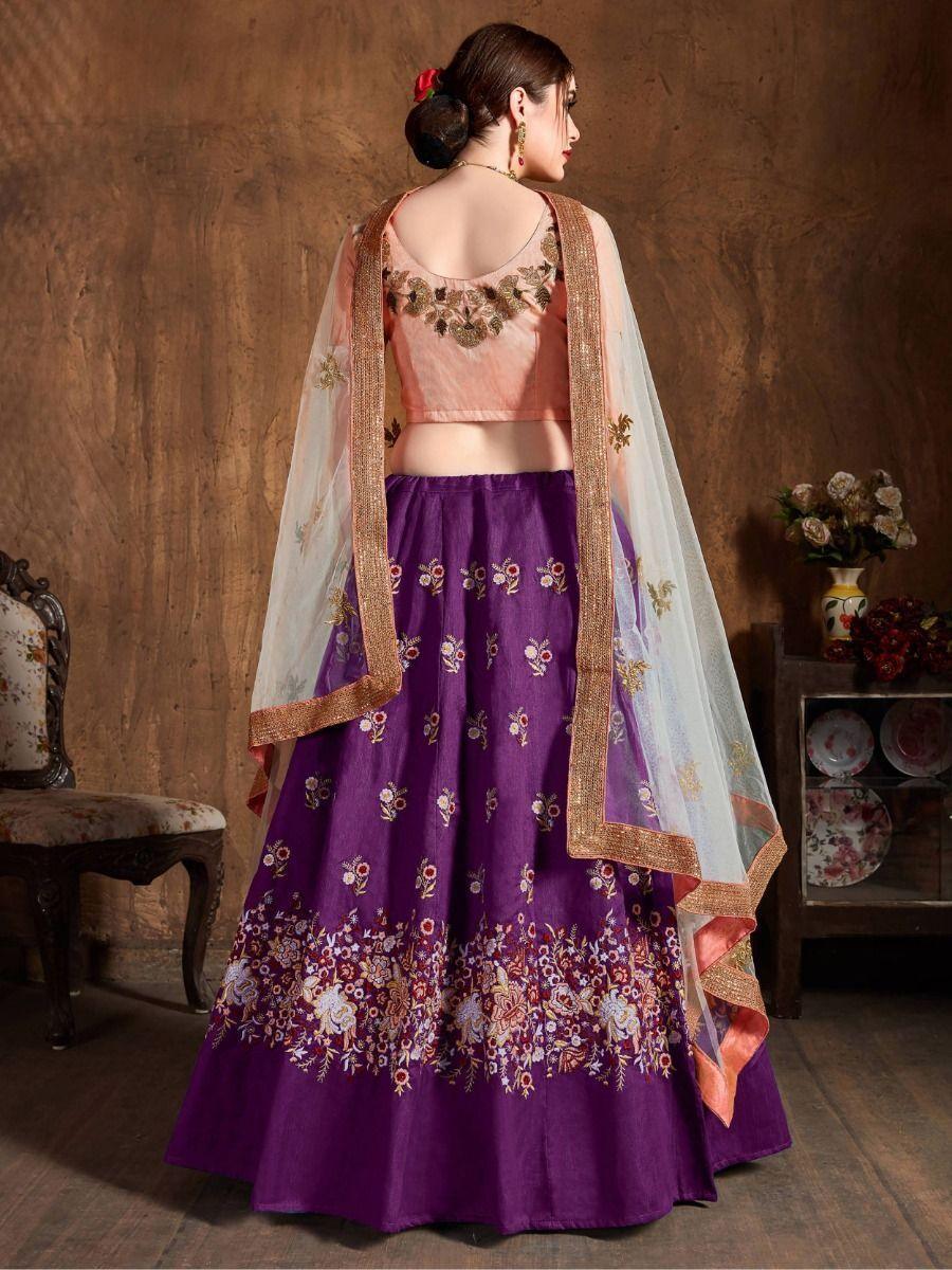 Gorgeous Purple Raw Silk Lehenga | Peach Choli & Dupatta Set for Weddings