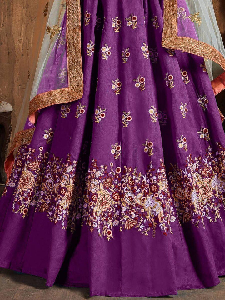 Gorgeous Purple Raw Silk Lehenga | Peach Choli & Dupatta Set for Weddings