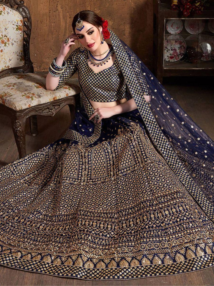 Stunning Navy Blue Raw Silk Lehenga Choli | Sequins & Dori Work Bridal Set