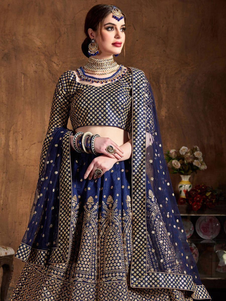 Stunning Navy Blue Raw Silk Lehenga Choli | Sequins & Dori Work Bridal Set