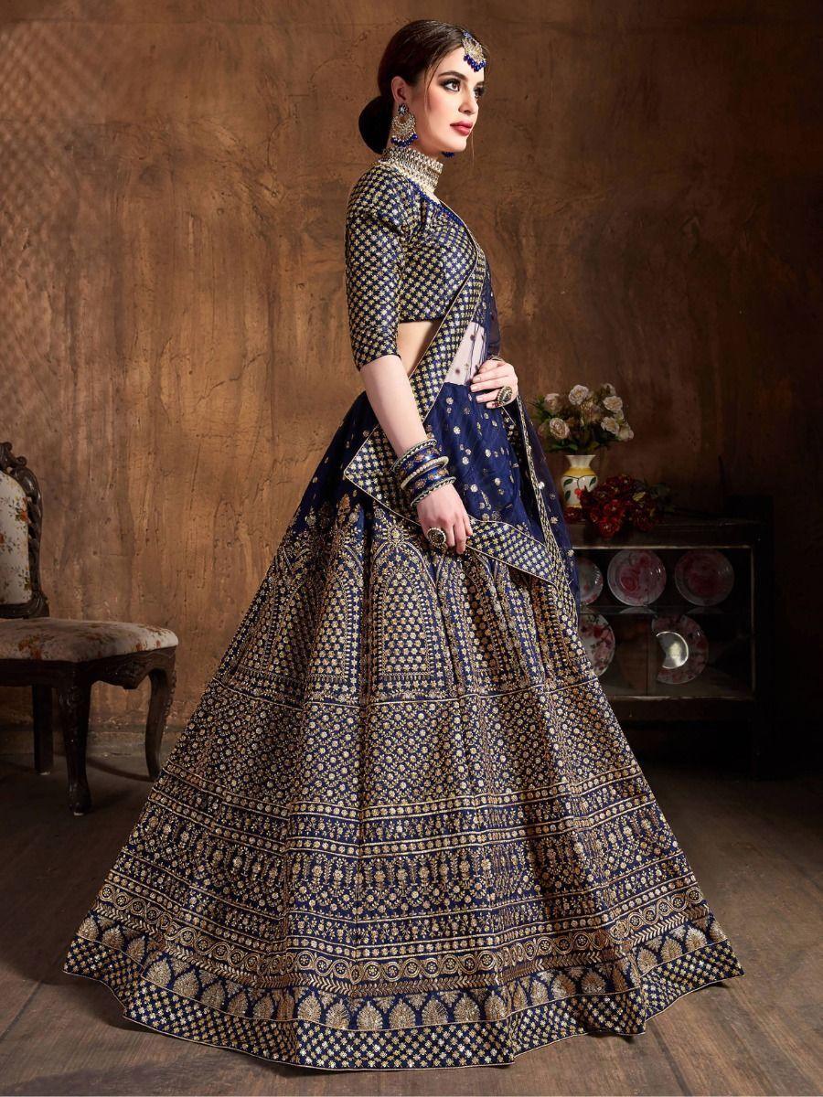 Stunning Navy Blue Raw Silk Lehenga Choli | Sequins & Dori Work Bridal Set