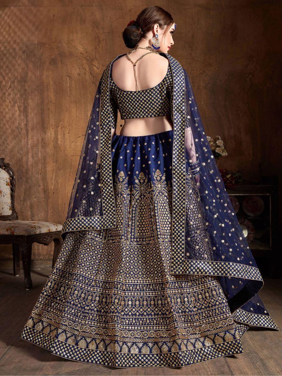 Stunning Navy Blue Raw Silk Lehenga Choli | Sequins & Dori Work Bridal Set