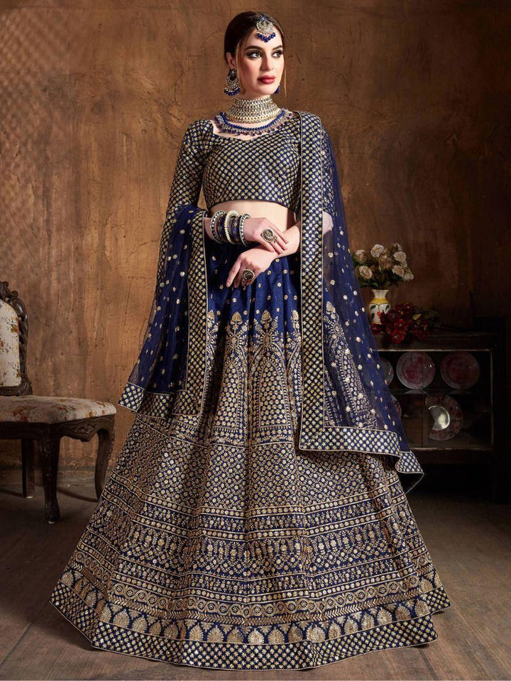 Stunning Navy Blue Raw Silk Lehenga Choli | Sequins & Dori Work Bridal Set