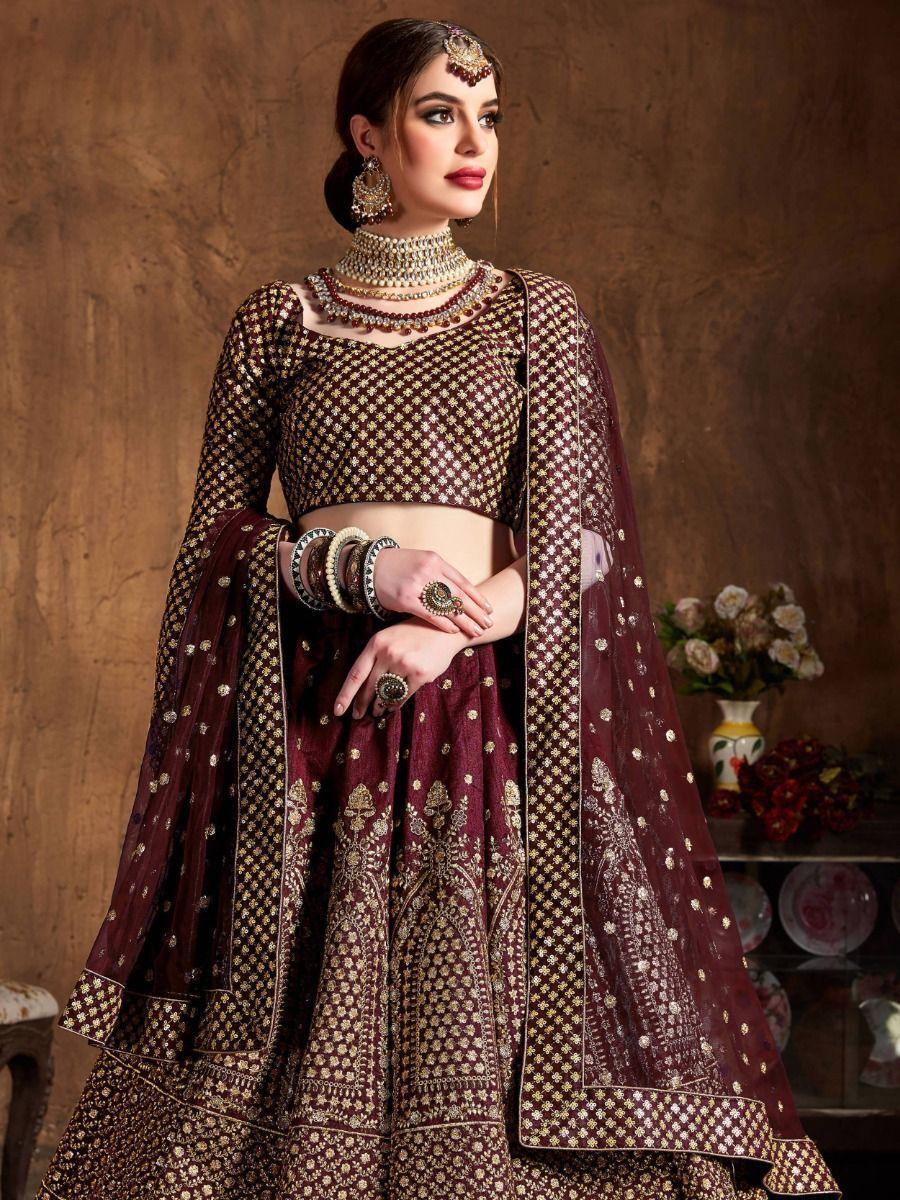 Stunning Maroon Lehenga Choli | Raw Silk with Sequin and Embroidery Details