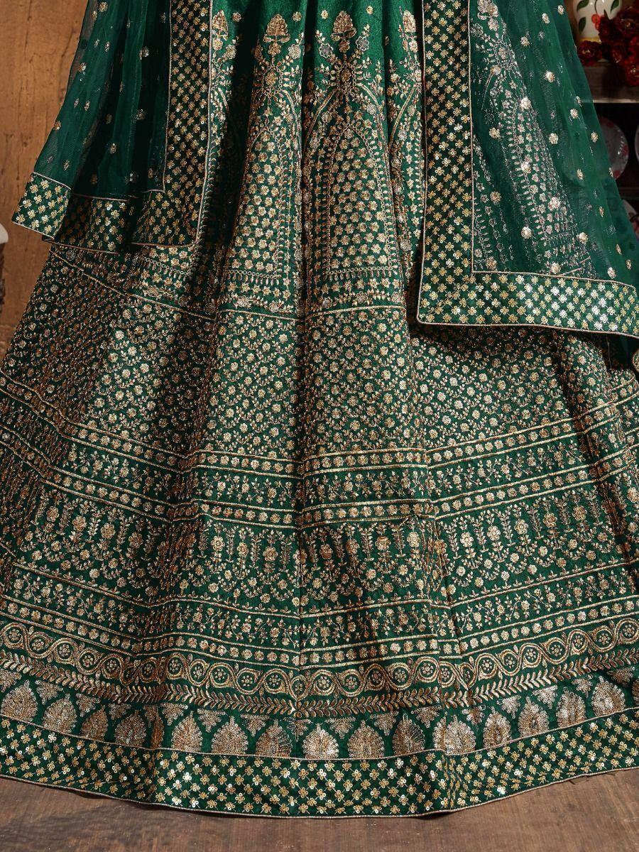 Magnetic Green Raw Silk Lehenga Choli | Intricate Sequin & Dori Work Bridal Set